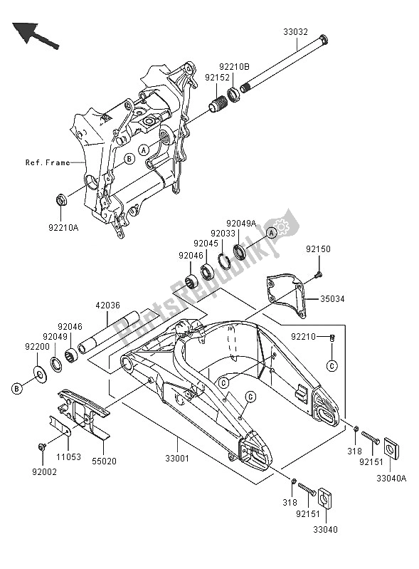 All parts for the Swingarm of the Kawasaki Ninja ZX 6R 600 2005