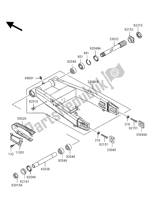 All parts for the Swingarm of the Kawasaki Ninja ZX 12R 1200 2004