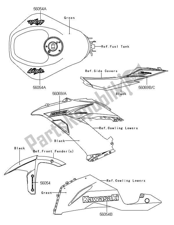 Tutte le parti per il Decalcomanie (verde) del Kawasaki Ninja ZX 6R ABS 600 2013