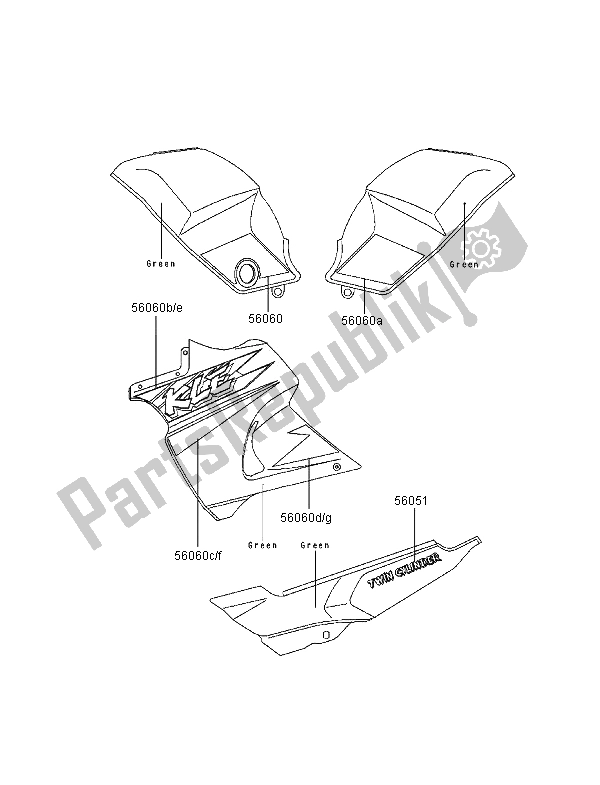 Tutte le parti per il Decalcomanie (verde) del Kawasaki KLE 500 1995