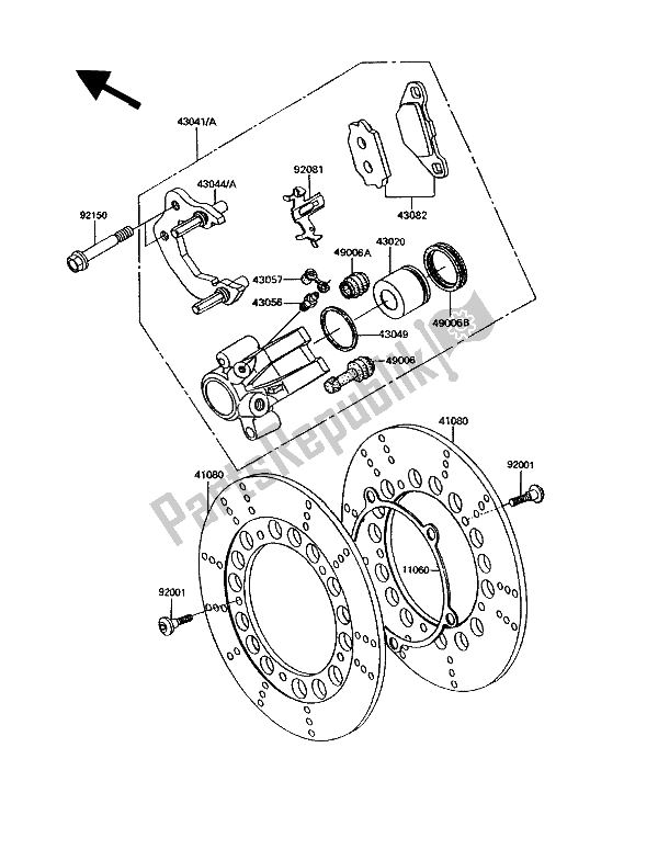 All parts for the Front Caliper of the Kawasaki GPZ 305 Belt Drive 1993