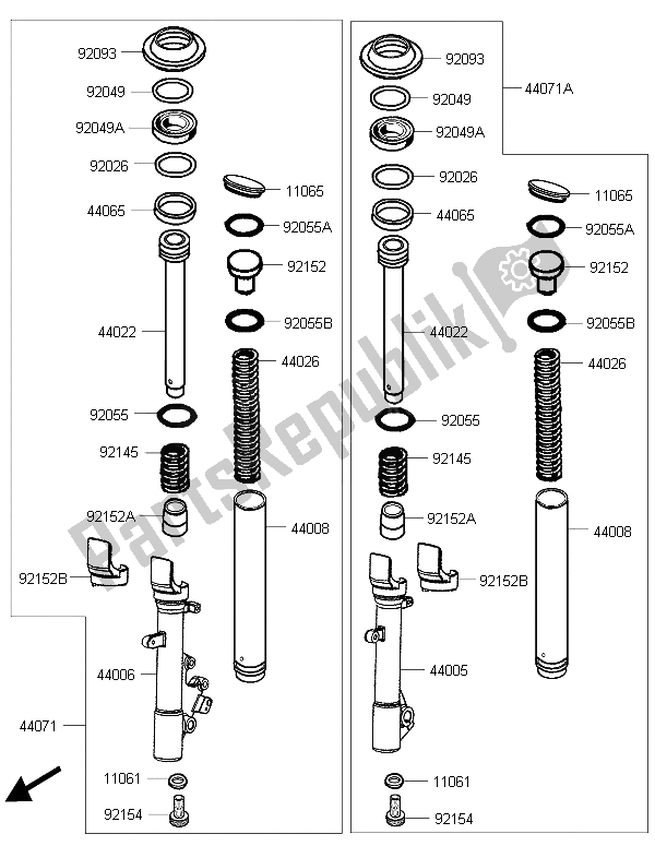 All parts for the Front Fork of the Kawasaki J 300 2015