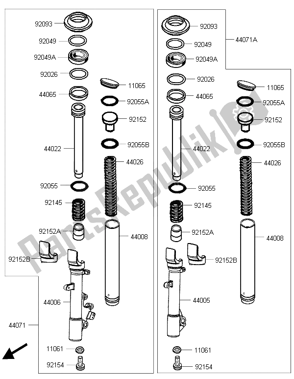 All parts for the Front Fork of the Kawasaki J 300 2015