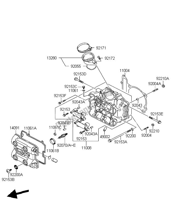 All parts for the Cylinder Head (front) of the Kawasaki KLV 1000 2004