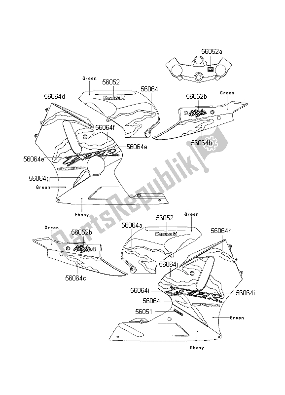 Toutes les pièces pour le Décalcomanies (vert) du Kawasaki Ninja ZX 12R 1200 2001