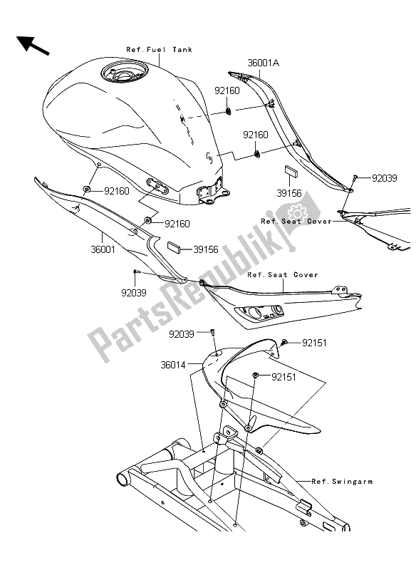 Alle onderdelen voor de Zijafdekkingen En Kettingafdekking van de Kawasaki ER 6N ABS 650 2009