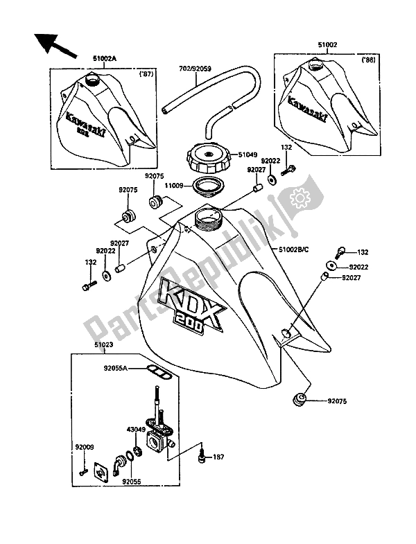 Alle onderdelen voor de Benzinetank van de Kawasaki KDX 200 1986