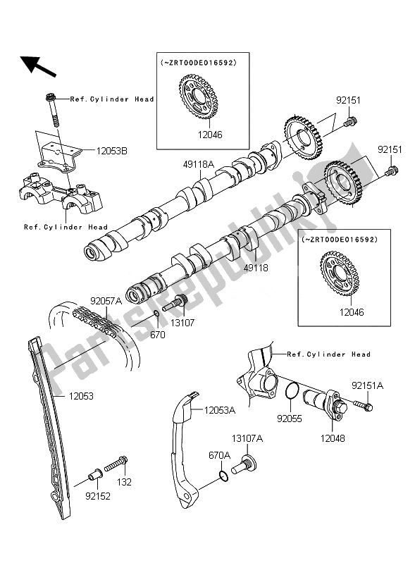 Alle onderdelen voor de Nokkenas En Spanner van de Kawasaki Z 1000 2010