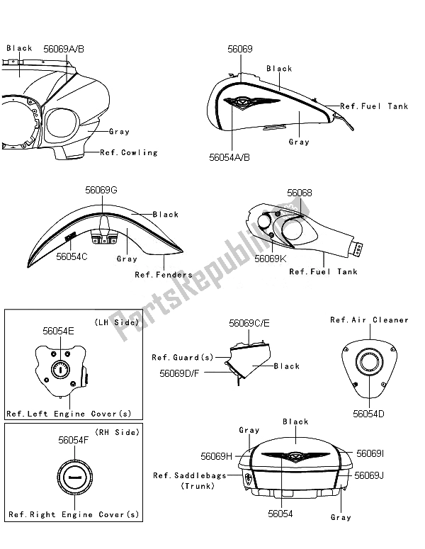 All parts for the Decals (gray & Black) of the Kawasaki VN 1700 Voyager ABS 2014