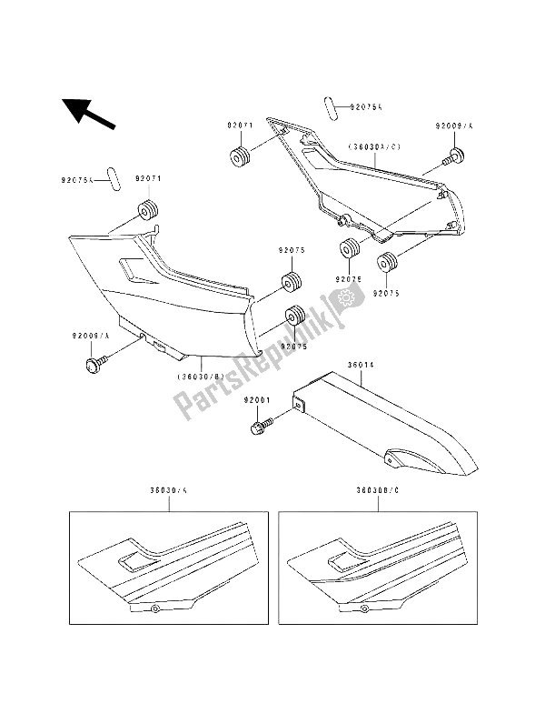 All parts for the Side Covers & Chain Cover of the Kawasaki GPX 250R 1992