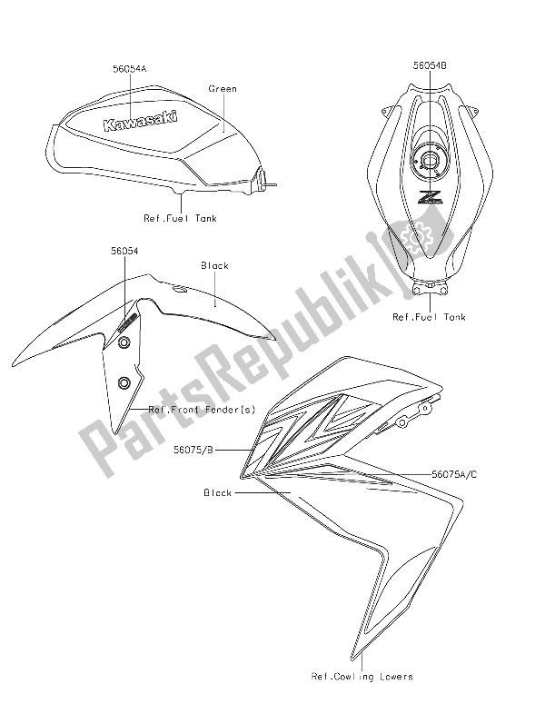 All parts for the Decals (green) of the Kawasaki Z 300 ABS 2016