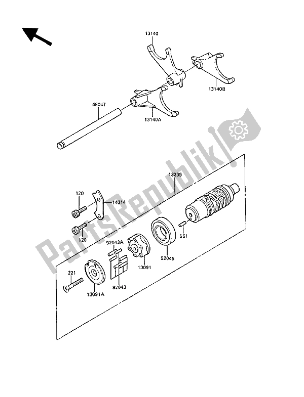 All parts for the Gear Change Drum & Shift Fork(s) of the Kawasaki ZL 1000 1987