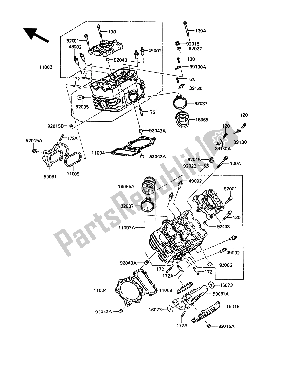 All parts for the Cylinder Head of the Kawasaki VN 750 Twin 1987