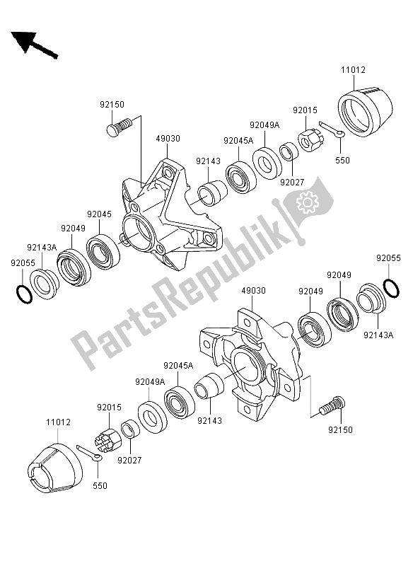 Alle onderdelen voor de Voornaaf van de Kawasaki KLF 300 2004