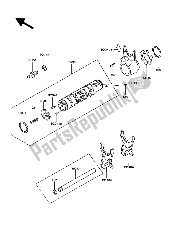 All parts for the Gear Change Drum & Shift Fork(s) of the Kawasaki GT 550 1991