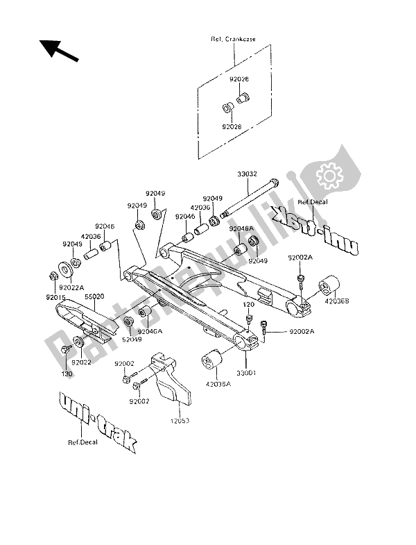 Alle onderdelen voor de Achterbrug van de Kawasaki KLR 600 1992
