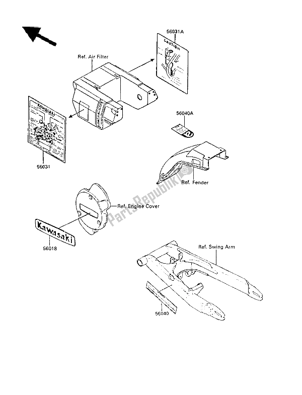 Tutte le parti per il Etichette del Kawasaki GPZ 305 Belt Drive 1986