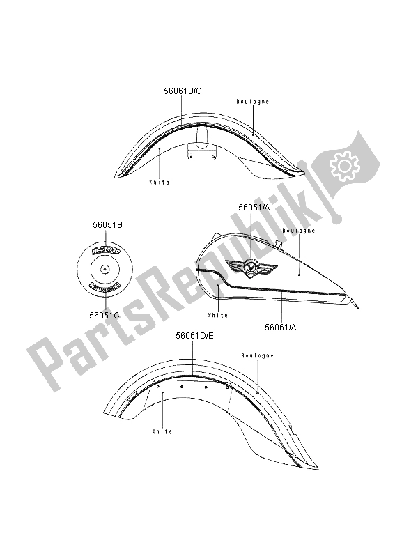 Tutte le parti per il Decalcomanie (bianco Bouloge) del Kawasaki VN 1500 Classic 1998