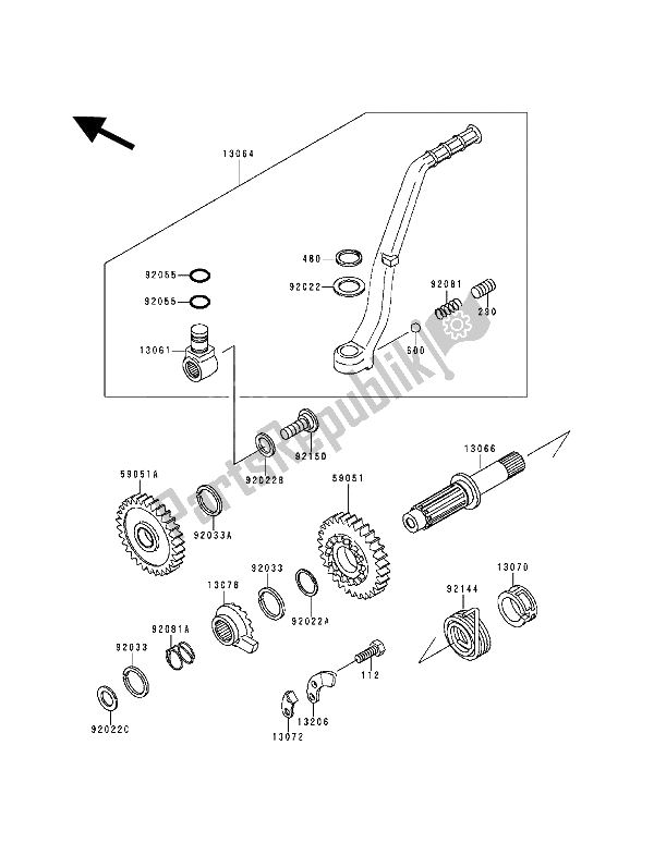 All parts for the Kickstarter Mechanism of the Kawasaki KX 500 1994