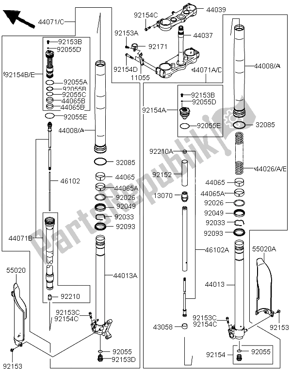Alle onderdelen voor de Voorvork van de Kawasaki KX 250F 2011