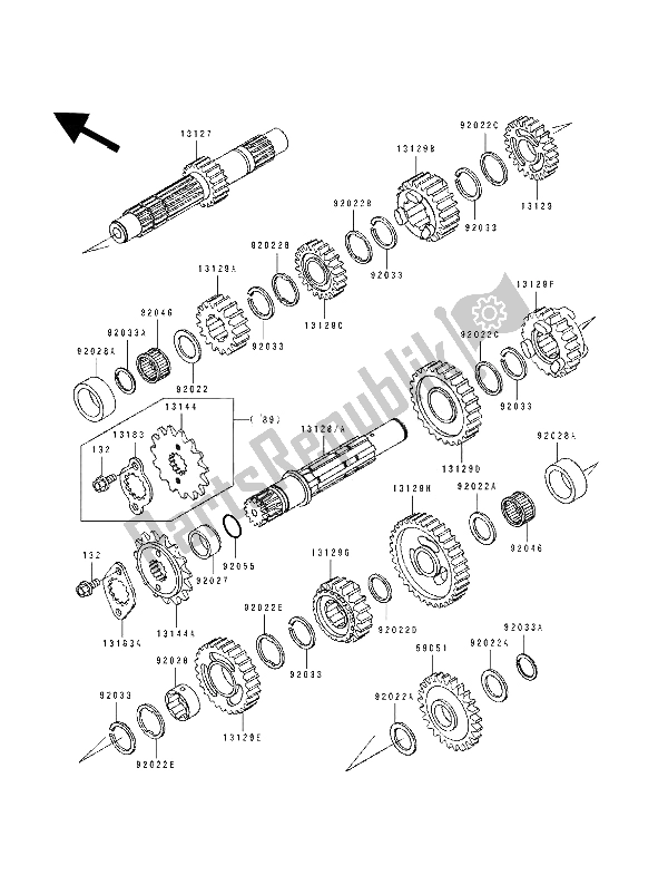 All parts for the Transmission of the Kawasaki Tengai 650 1990