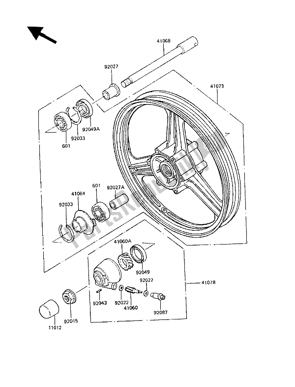 All parts for the Front Hub of the Kawasaki GPZ 550 1989