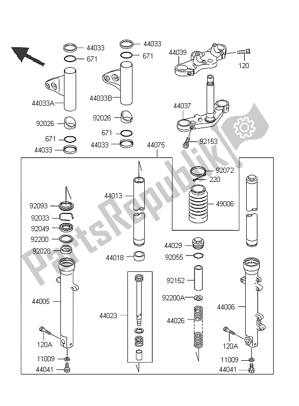 Alle onderdelen voor de Voorvork van de Kawasaki W 650 2005