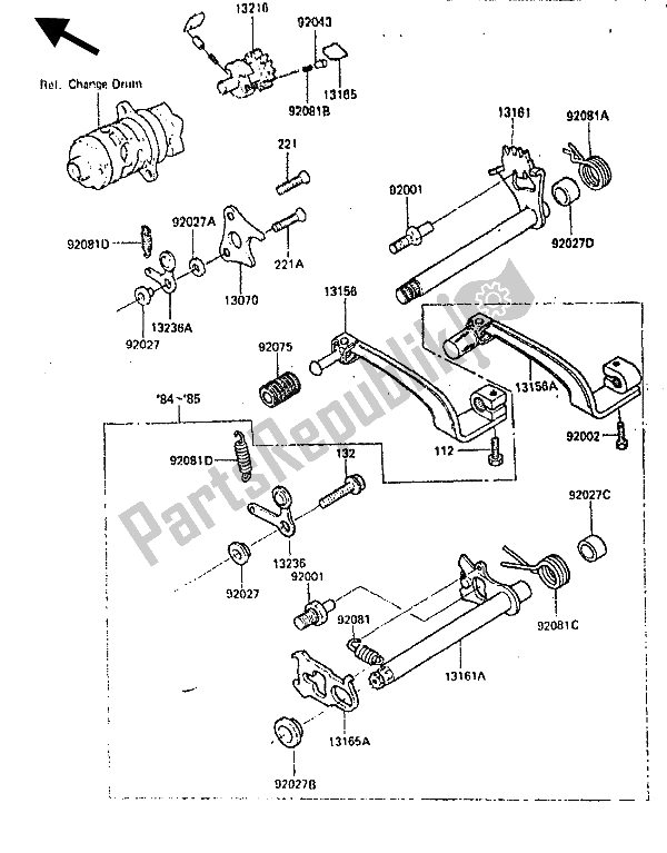 All parts for the Gear Change Mechanism of the Kawasaki KDX 200 1985
