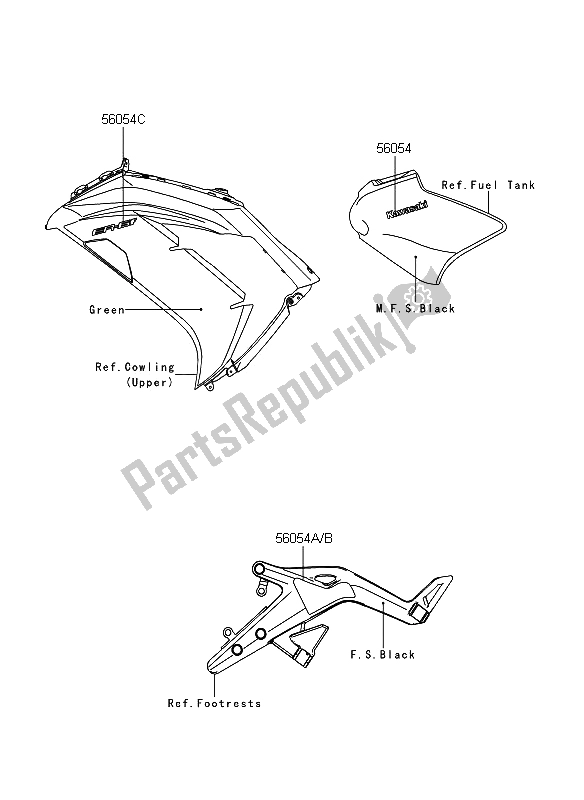 All parts for the Decals (green) of the Kawasaki ER 6F 650 2012