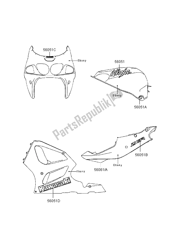 Todas as partes de Decalques (ébano) do Kawasaki Ninja ZX 7R 750 1997