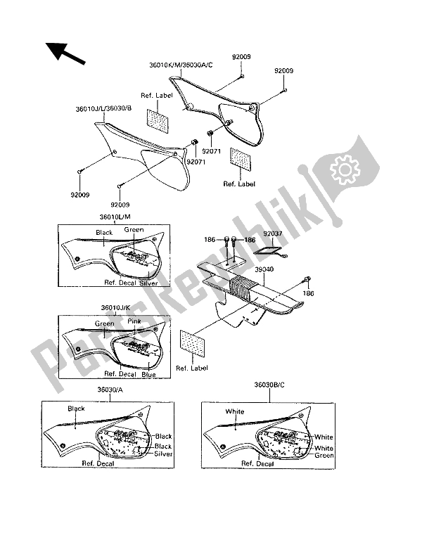 Tutte le parti per il Coperture Laterali E Copertura A Catena del Kawasaki KLR 600 1991