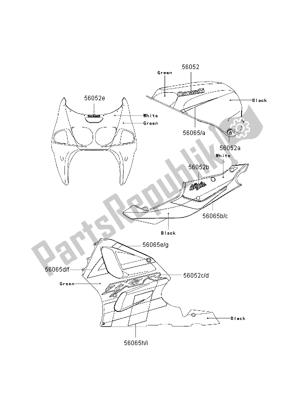 Toutes les pièces pour le Décalcomanies (vert-noir) du Kawasaki Ninja ZX 7R 750 2002