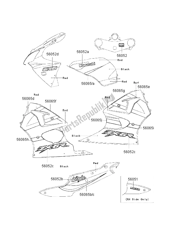 Tutte le parti per il Decalcomanie (rosso-nero) del Kawasaki Ninja ZX 6R 600 2002