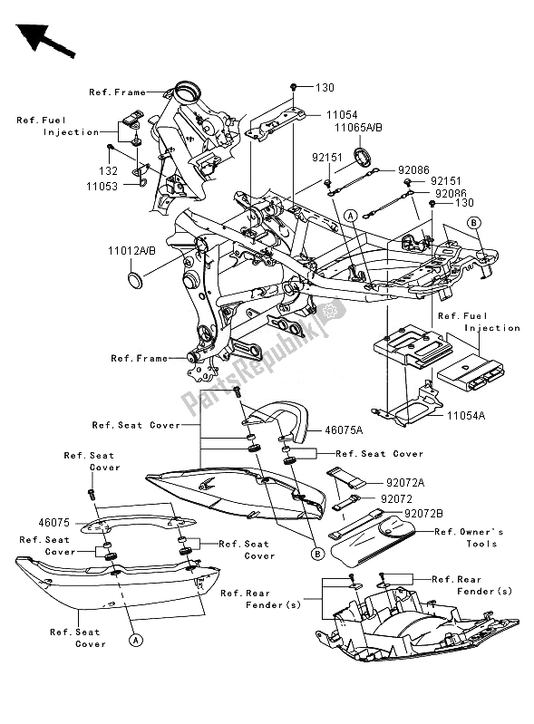 All parts for the Frame Fittings ( Jkaer650aba035082) of the Kawasaki ER 6N ABS 650 2007