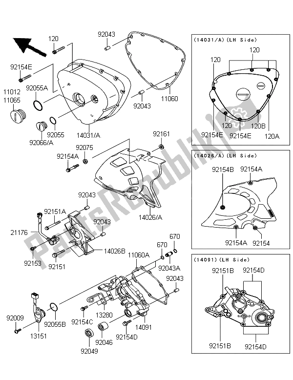 All parts for the Left Engine Covers of the Kawasaki W 800 2012