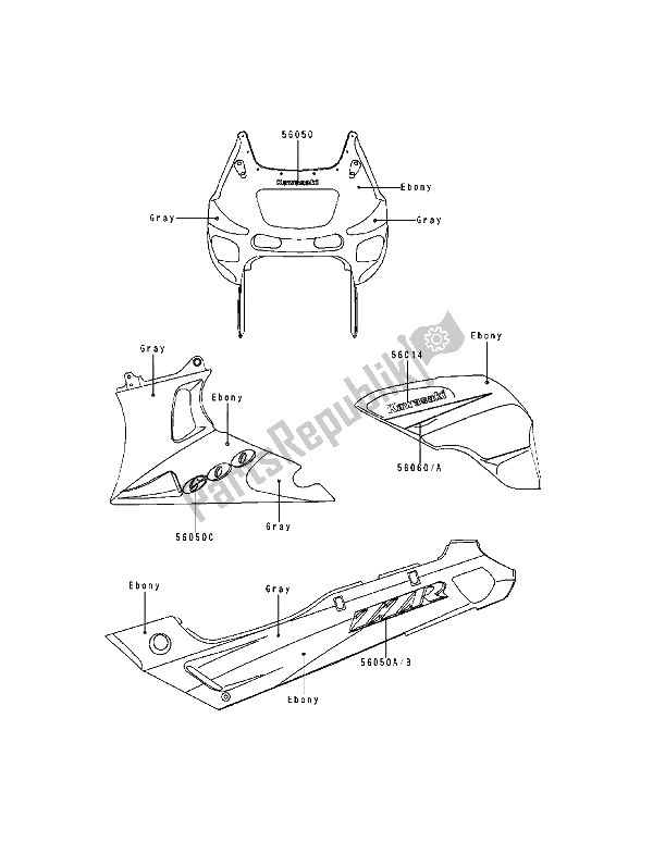 All parts for the Decals(ebony-gray) of the Kawasaki ZZ R 600 1993