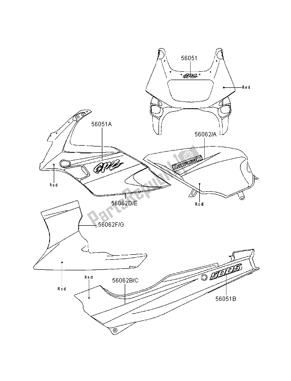 Tutte le parti per il Decalcomanie (rosso) del Kawasaki GPZ 500S 1998