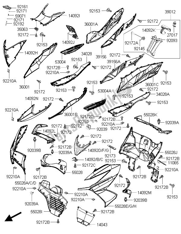 All parts for the Leg Shield of the Kawasaki J 300 ABS 2015