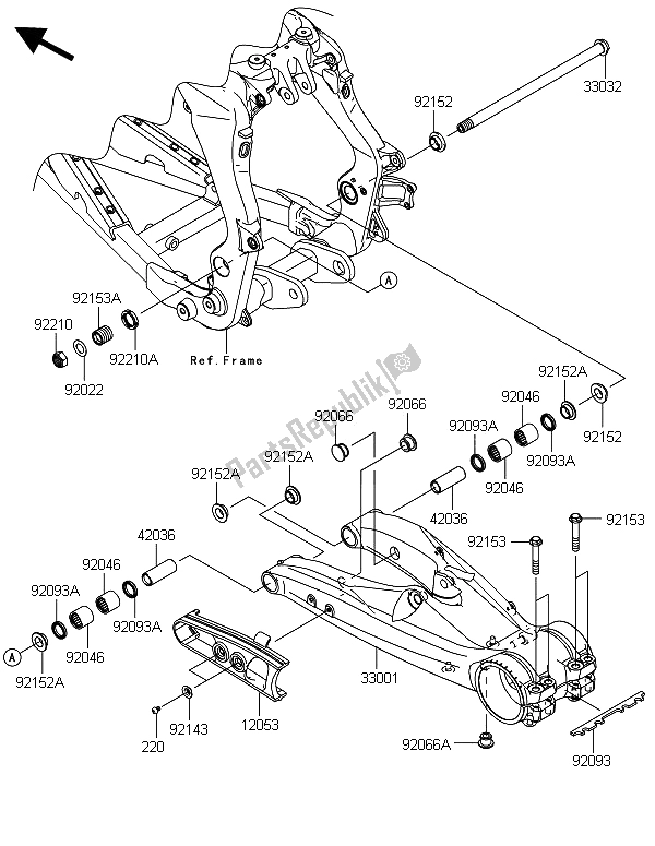 All parts for the Swingarm of the Kawasaki KFX 450R 2013