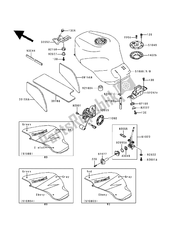 All parts for the Fuel Tank of the Kawasaki Ninja ZX9R 900 1994