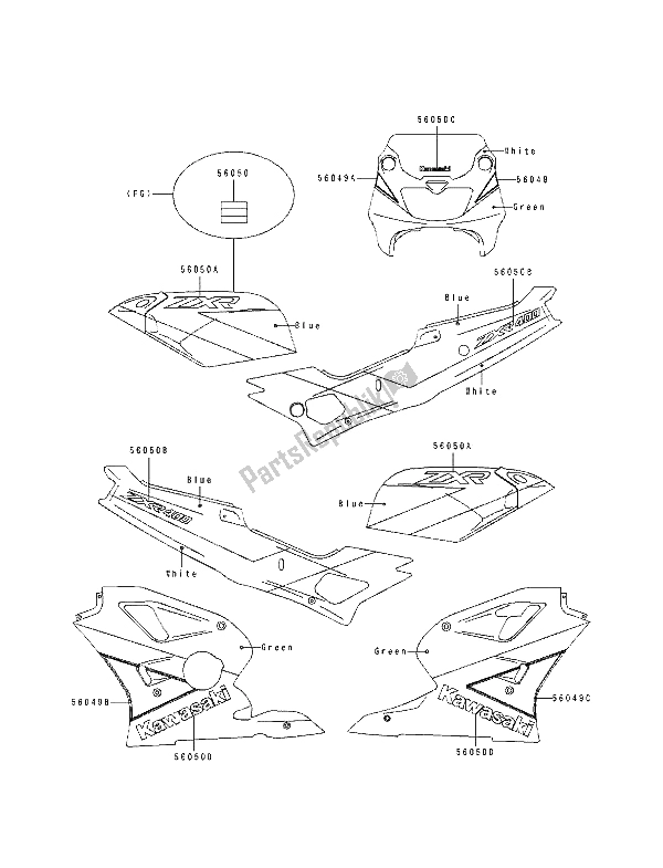 All parts for the Decal (green-white-blue) of the Kawasaki ZXR 400 1991