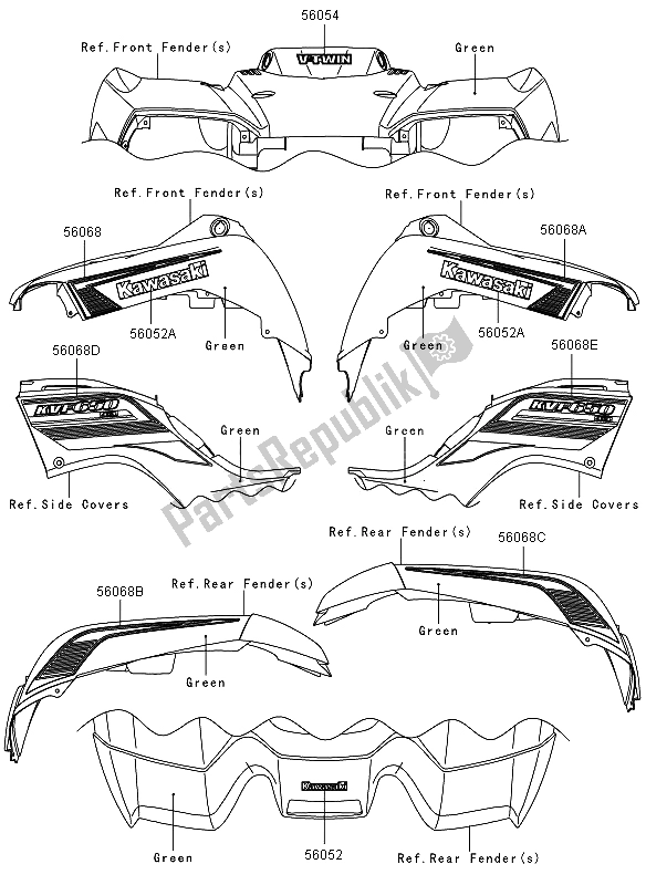 Tutte le parti per il Decalcomanie (verde) del Kawasaki KVF 650 4X4 2011