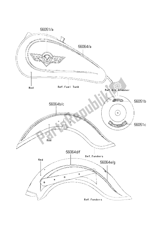 All parts for the Decals (c. W. Red) of the Kawasaki VN 800 Classic 2001