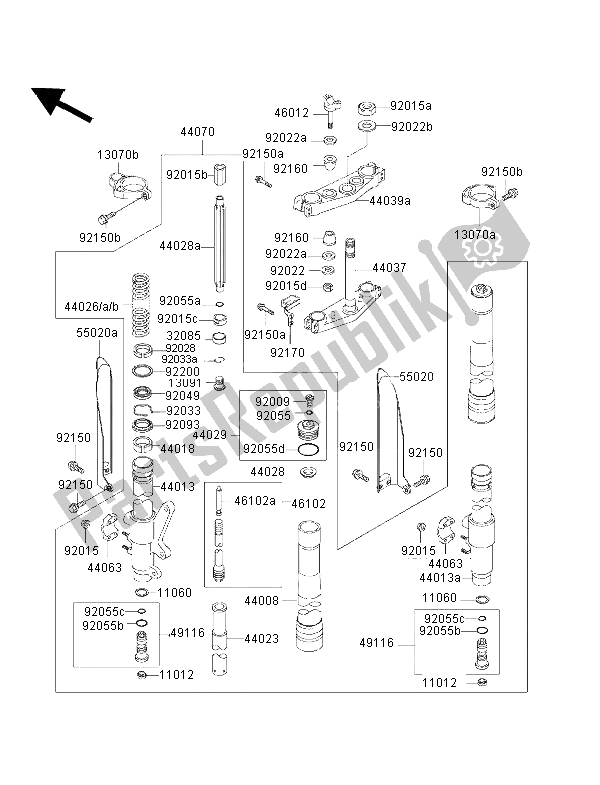 Alle onderdelen voor de Voorvork van de Kawasaki KX 500 2001