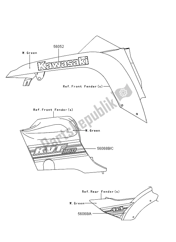 All parts for the Decals (w. Green) of the Kawasaki KVF 360 4X4 2011