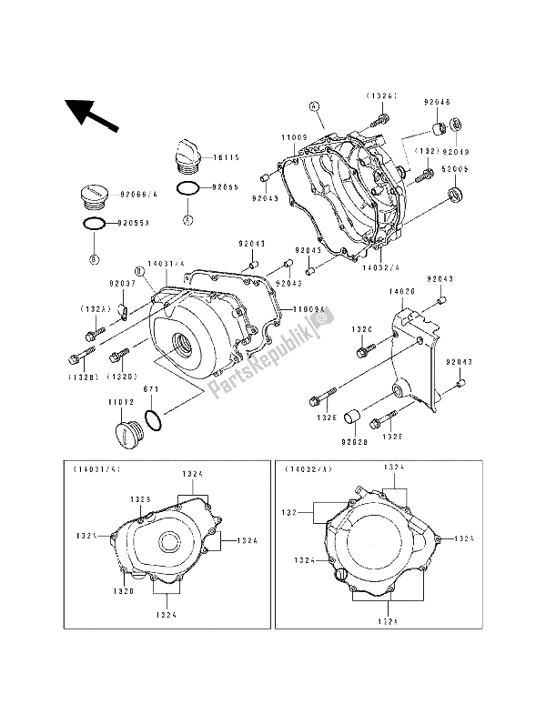 Alle onderdelen voor de Motorkap (pen) van de Kawasaki EL 250D 1991