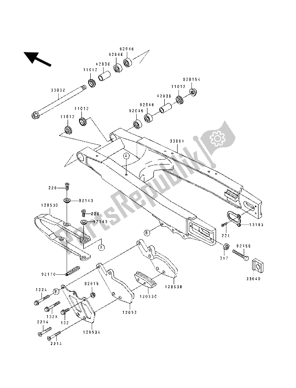 All parts for the Swingarm of the Kawasaki KX 250 1993