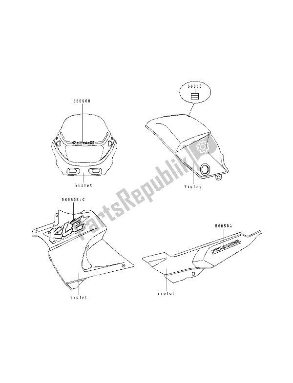 All parts for the Decals (violet) of the Kawasaki KLE 500 1991