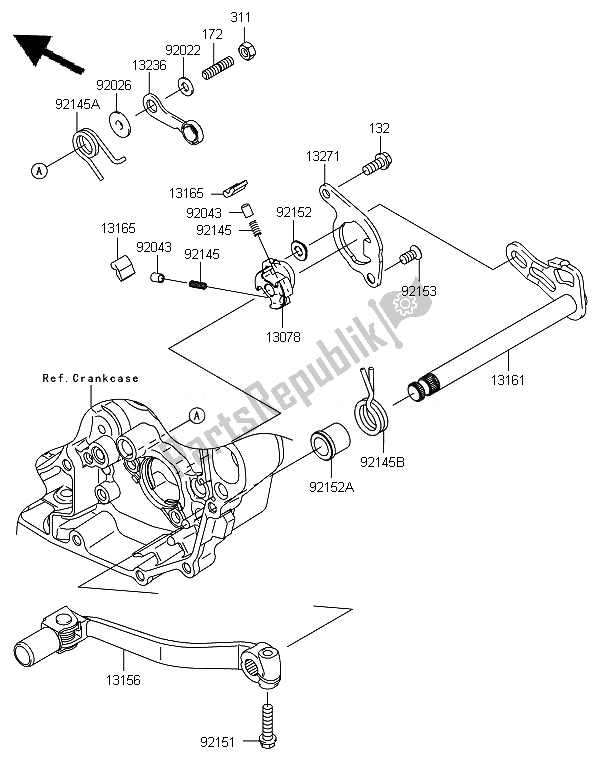 All parts for the Gear Change Mechanism of the Kawasaki KX 450F 2010