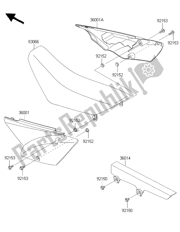 Alle onderdelen voor de Zijafdekkingen En Kettingafdekking van de Kawasaki KLX 110 2015